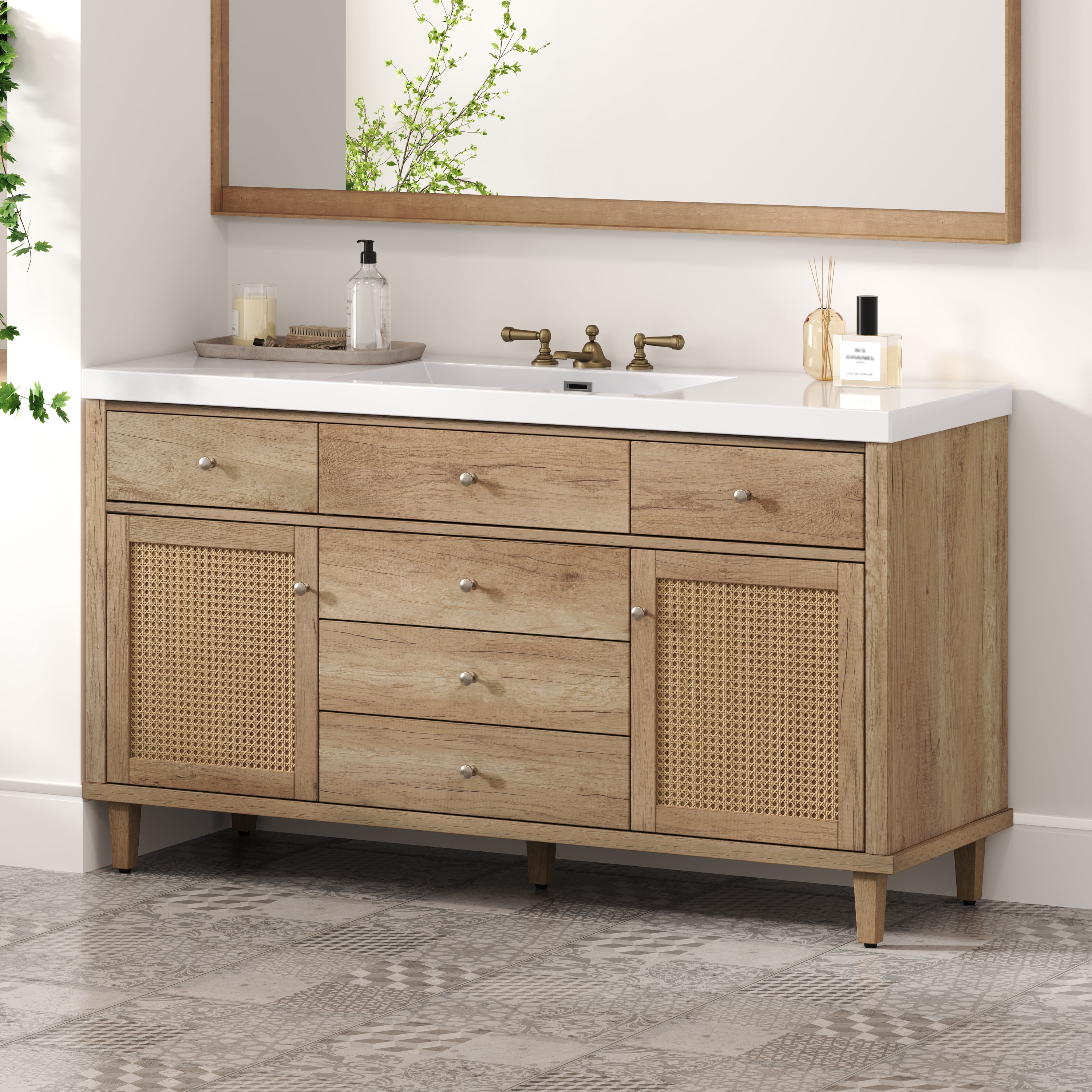 Euroco 60" Bathroom Vanity with SMC Sink, Modern Large Storage Bathroom Storage Cabinet with Soft Close Drawers and Rattan Doors, Silver Metal Knobs and 5 Pine Legs, Natural