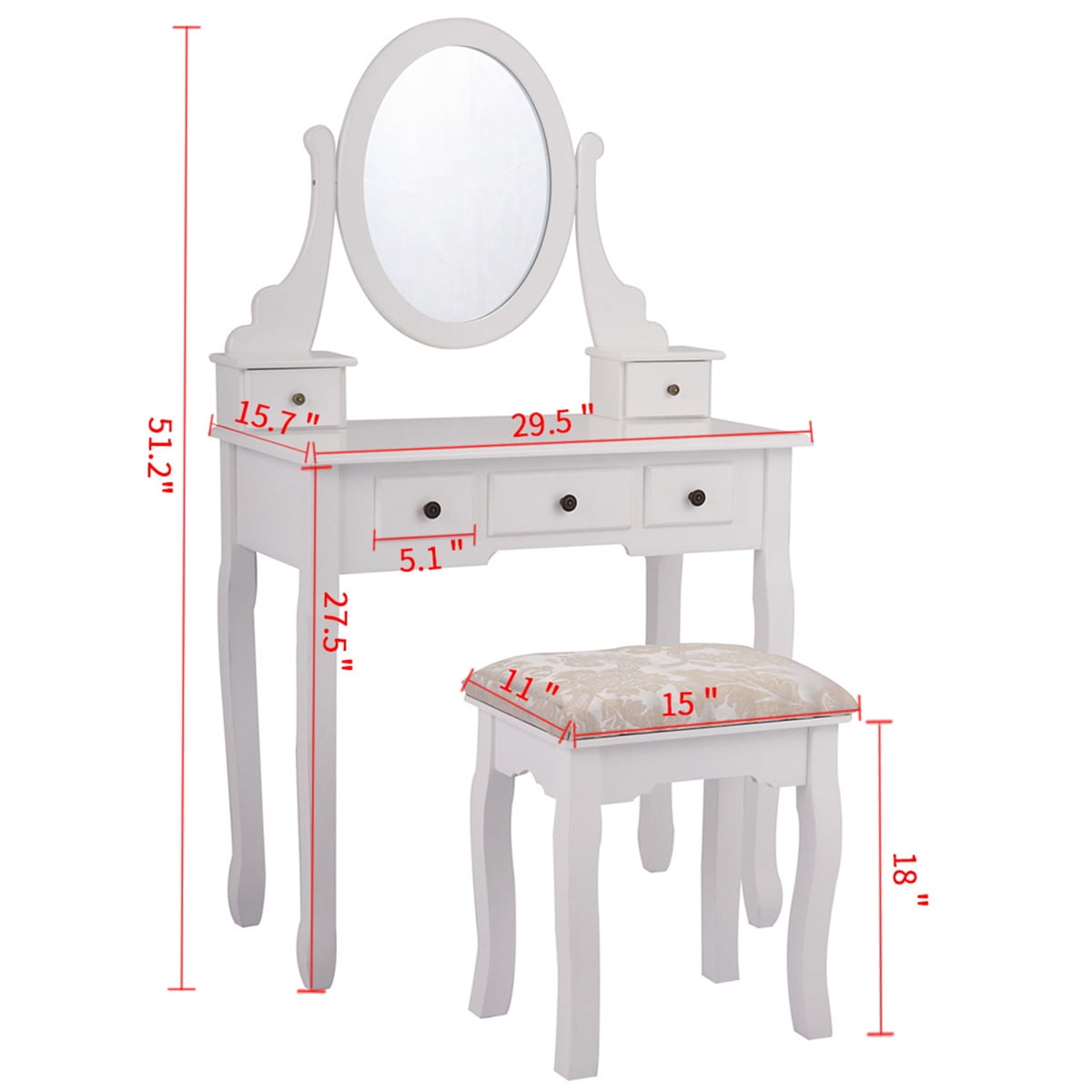 Kepooman Wooden Vanity Set, Makeup Dressing Desk with Cushioned Stool, Oval Mirror and 5 Drawers - White Kepooman Wooden Vanity Set, Makeup Dressing Desk with Cushioned Stool, Oval Mirror and 5 Drawers - White