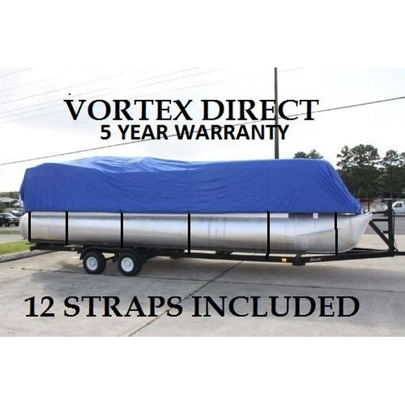 NEW BLUE 24 FT VORTEX ULTRA 5 YEAR CANVAS PONTOON/DECK BOAT COVER, ELASTIC, STRAP SYSTEM, FITS 22'1" FT TO 24' LONG DECK AREA, UP TO 102" BEAM (FAST FREE SHIPPING - 1 TO 4 BUSINESS DAY DELIVERY)