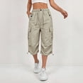 thumbnail image 2 of LEAVINGSUO Cargo Pants Women Solid Color Casual Straight Leg Stretch Waistband Pocket Workwear Capri Pants Khaki S, 2 of 7