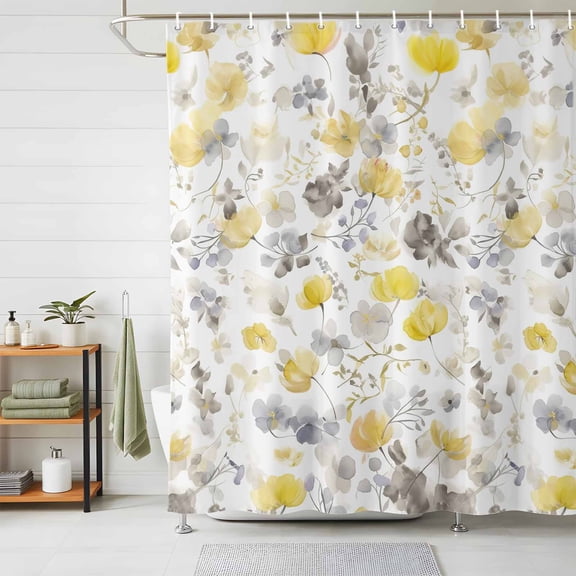 Shower Curtains for Bathroom, Yellow Grey Botanical Waterproof Fabric Shower Curtain, Spring Floral Watercolor Decorative Bathroom Curtain for Bathtub, 36"x72", No Hooks Included
