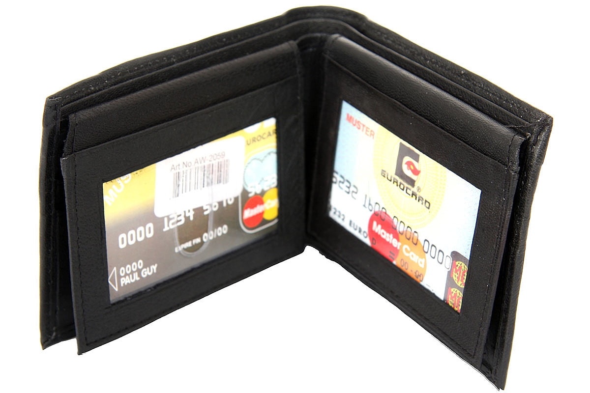 New Mens Black Solid Leather Bi-Fold Billfold Wallet 6 Credit Cards & Photo ID 