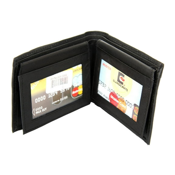 Men's BiFold Double Bill 4 ID Window 6 Credit Card Wallet Black Wallet 3.5 x 4.5 inches
