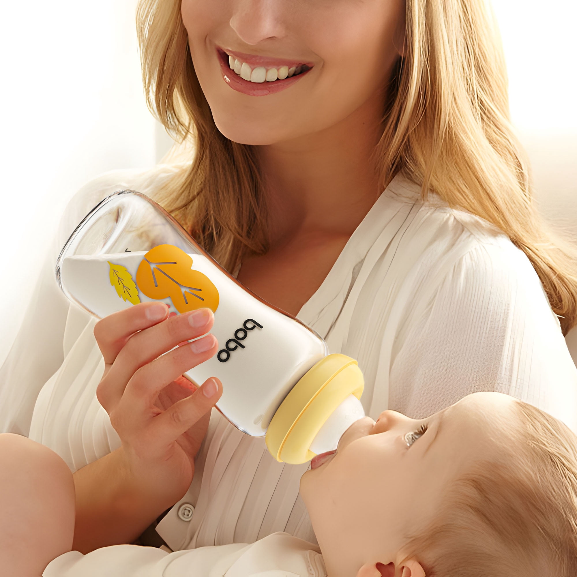 YOHKOH Glass Baby Bottle,Natural Response Nipple, 8.8oz/2Pk,Mushroom Yellow,Bottles Gift Set