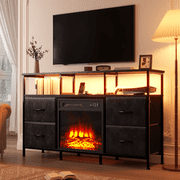 Fireplace TV Stand With 4 Fabric Drawers, TV Stand Dresser With Power Outlets And LED Lights, Fireplace Entertainment Center With Open Shelf For 43, 50 Inch TV, For Living Room, Bedroom