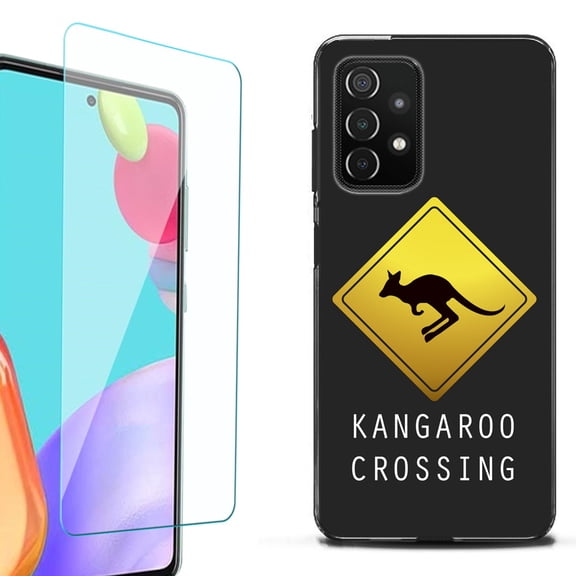 Slim-Fit Flexible TPU Gel Phone Case (black) for Samsung Galaxy A52 5G, with Tempered Glass Screen Protector, by OneToughShield ® - Road Sign Kangaroo