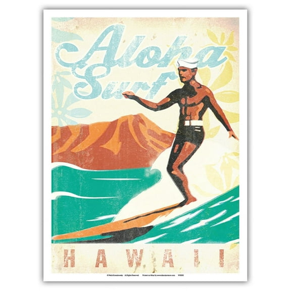 Aloha Surf Hawaii - Surfer On Longboard - Vintage Travel Poster by Wade Koniakowsky - Master Art Print (Unframed) 9in x 12in