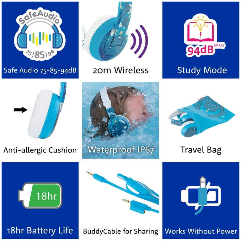 BuddyPhones Wave On Ear Waterproof IP67 Bluetooth Wireless Kids Headphones with Mic 3 Volume Limiting Settings Voice Enhance StudyMode
