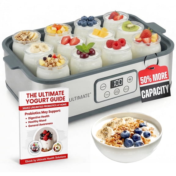 Ultimate XL Probiotic Yogurt Maker with 12 Glass Jars, 6 oz, Adjustable Temperature and Timer, Bpa-Free