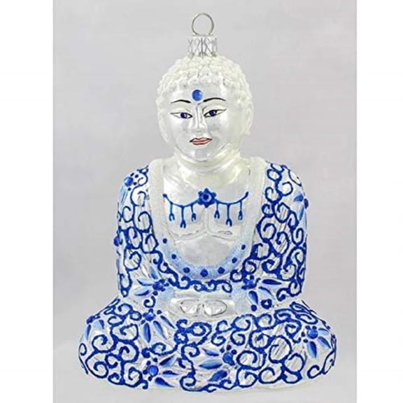 Sitting Blue and White Buddha Buddhism Polish Glass Christmas Ornament Poland