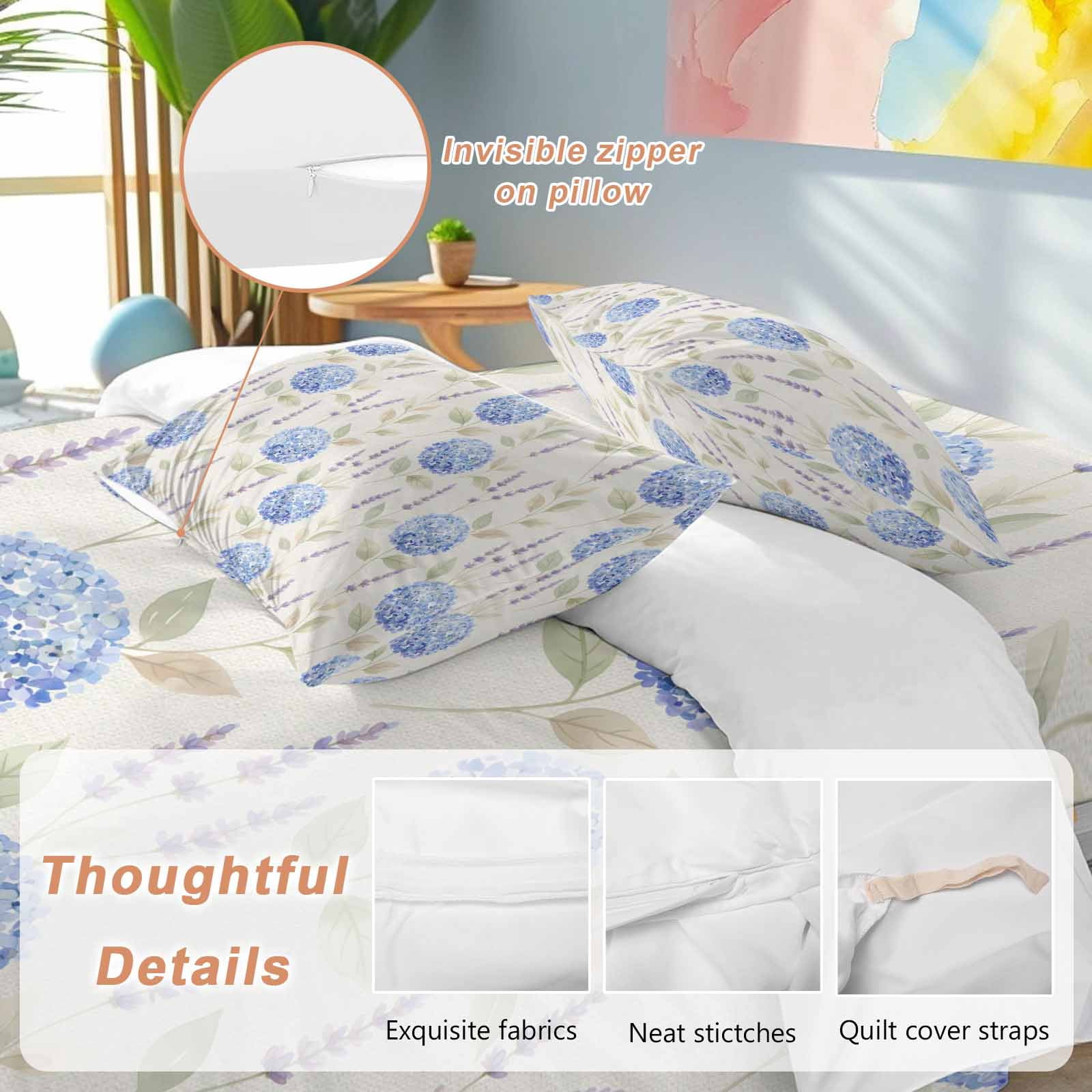 Spring Plant Queen Duvet Cover Set, Blue Hydrangea Purple Lavender Vintage Flower 4 Piece Microfiber Bedding Set with Zipper Closure, Bed Sheet and 2 Pillow Shams, Soft Bedding Cover