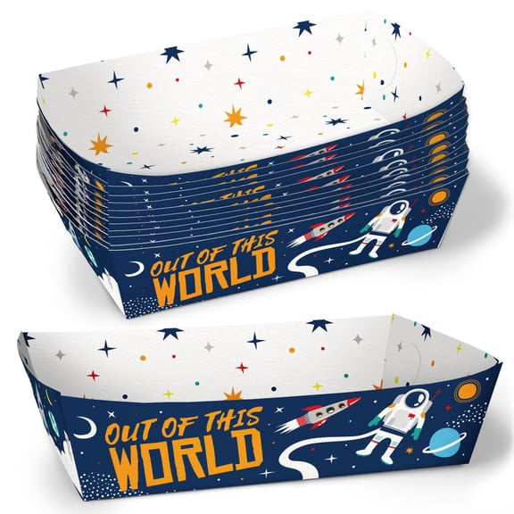 Big Dot of Happiness Blast Off to Outer Space Party Paper Food Trays, Disposable Food Boats for Rocket Ship Birthday, Double-Sided Paper Meal Holders for Nachos, Hot Dogs, French Fries - 12 Ct