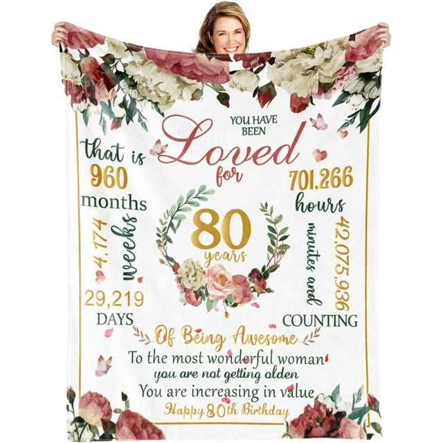 LHSHID 80th Happy Birthday Blanket for Woman 80th Birthday Decorations for Women 80 Year Old Birthday Gift Ideas for Her Wife Daughter Sister Friend Flower Soft Throw Blanket 40"x50"