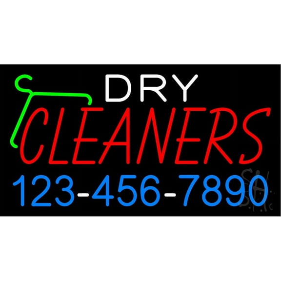 Dry Cleaners with Phone Number Logo LED Neon Sign 20" Tall x 37" Wide - inches, Black Square Cut Acrylic Backing, with Dimmer - Bright and Premium built indoor LED Neon Sign for Storefront.