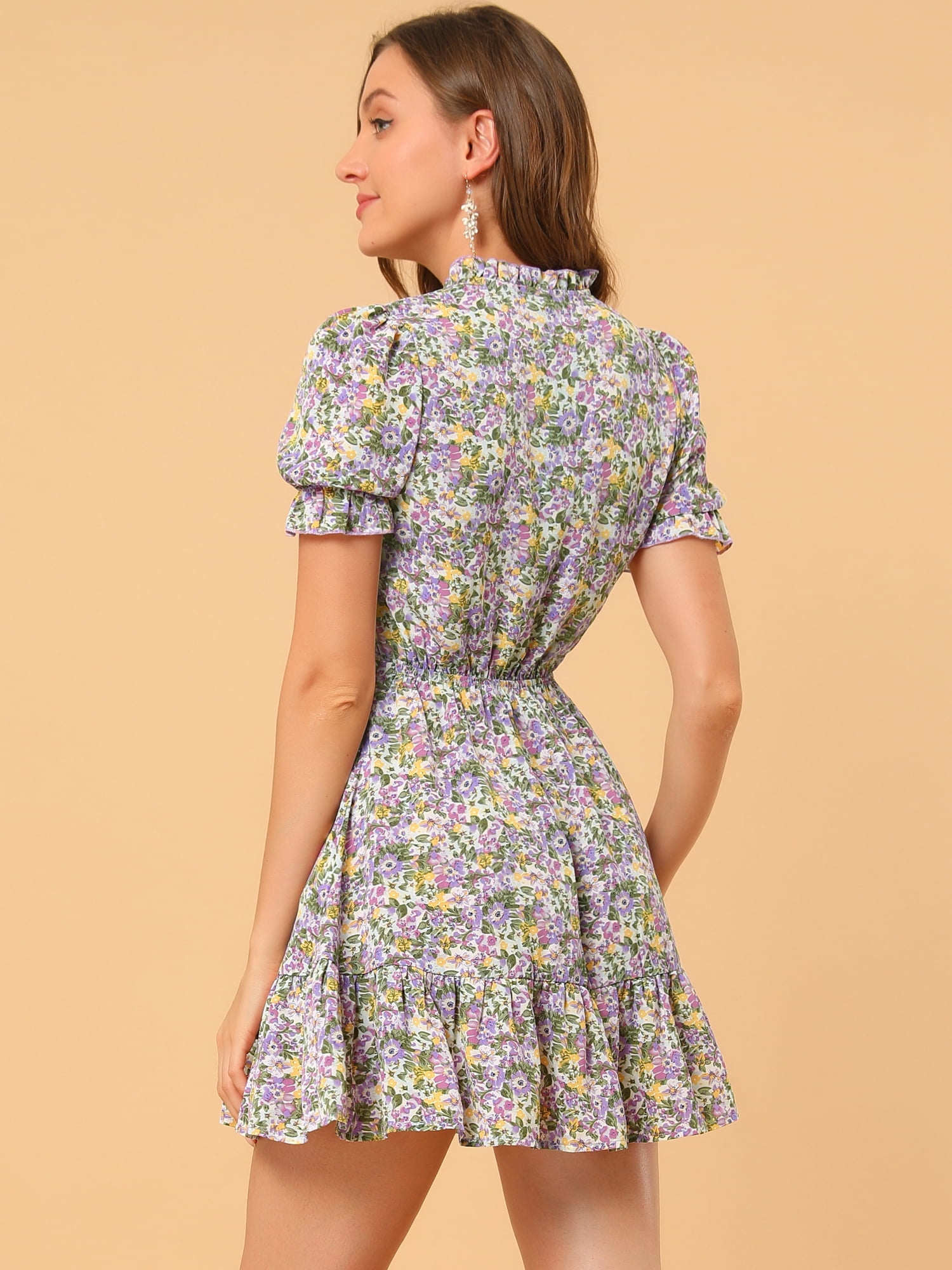 DARING DIVA Ruffle Floral Bow Tie Chiffon Puff Fit & Flare Dress XL Purple