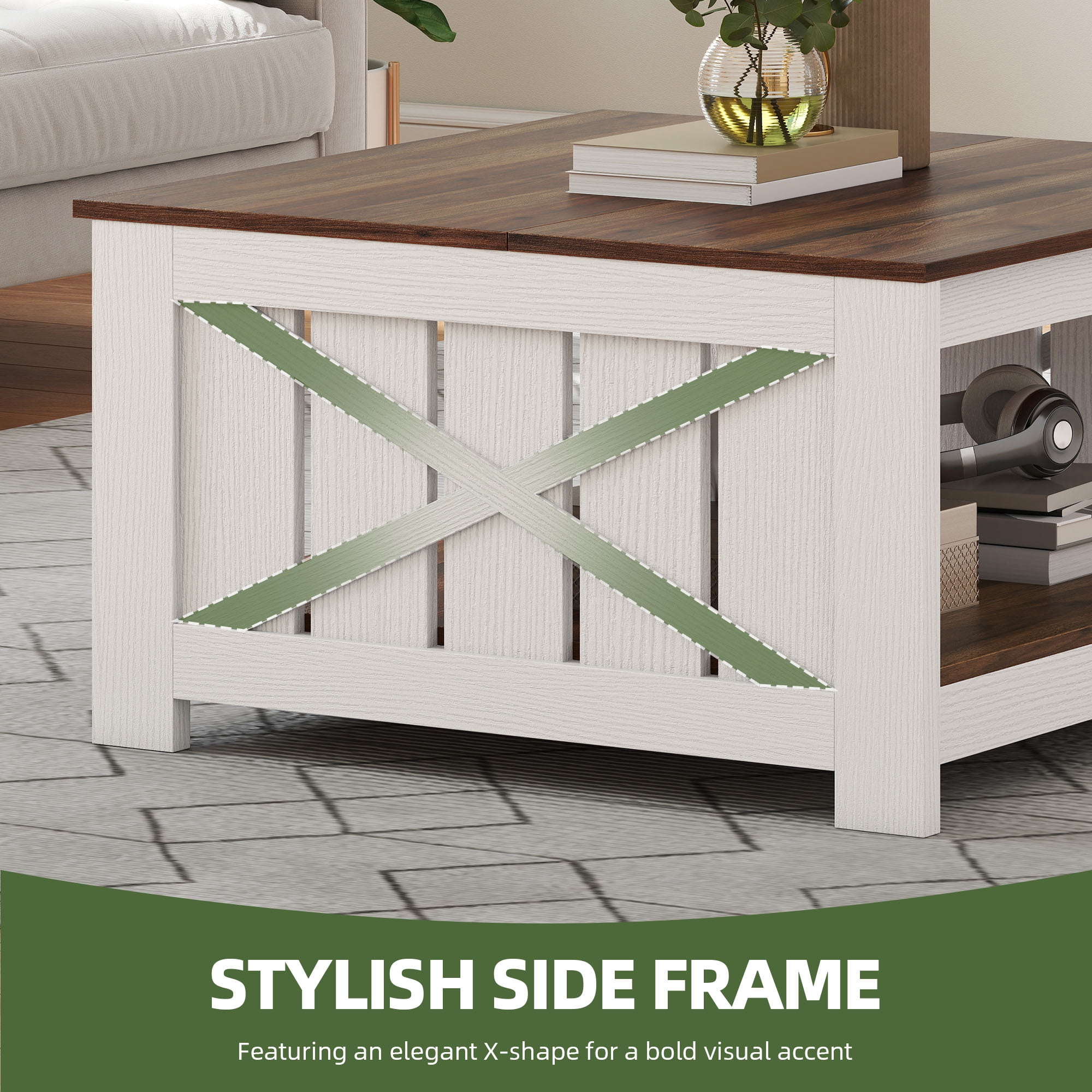Uforic Rustic Farmhouse Coffee Table with Half-Open Storage, Square Rustic Wood Cocktail Table for Living Room, Brown with White