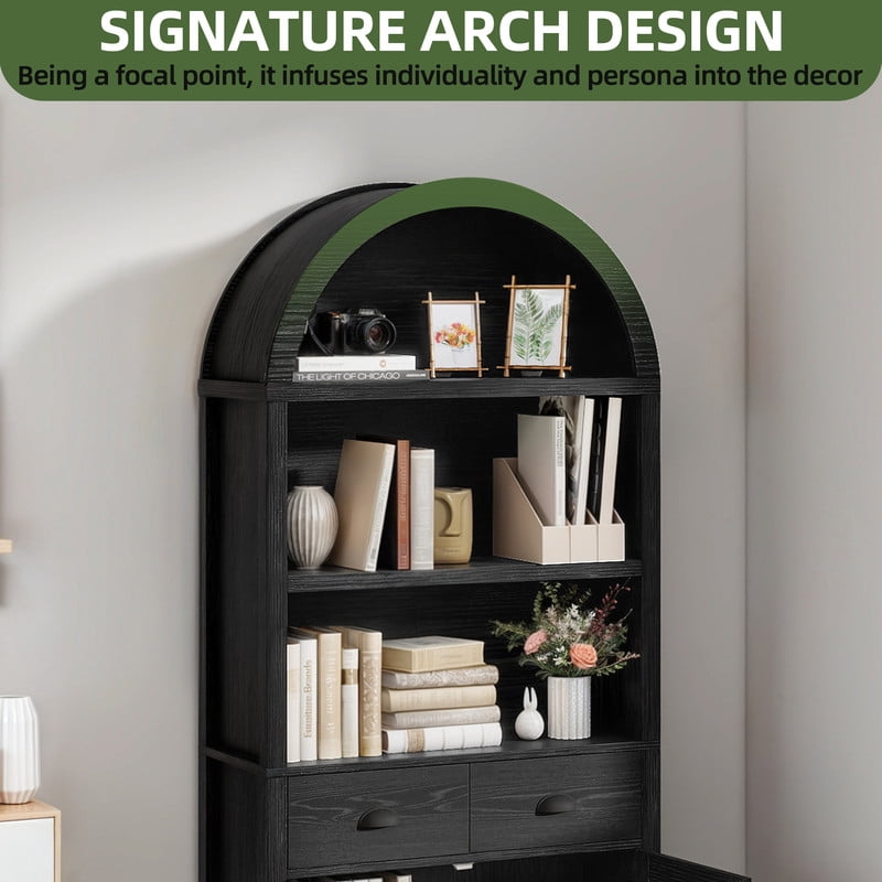 Uforic 71 " Tall Bookshelf with Storage, Wooden Arched Bookcase with 2 Drawers and Shelves for Living Room, Black