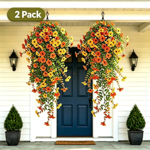 FLOWEROAD 2 Pcs Artificial Hanging Flowers for Outdoor Spring Decor, Rose YELLOW ORANGE UV Resistant Fake Flower Petunias for Outdoor Garden Porch Patio Wedding Decor