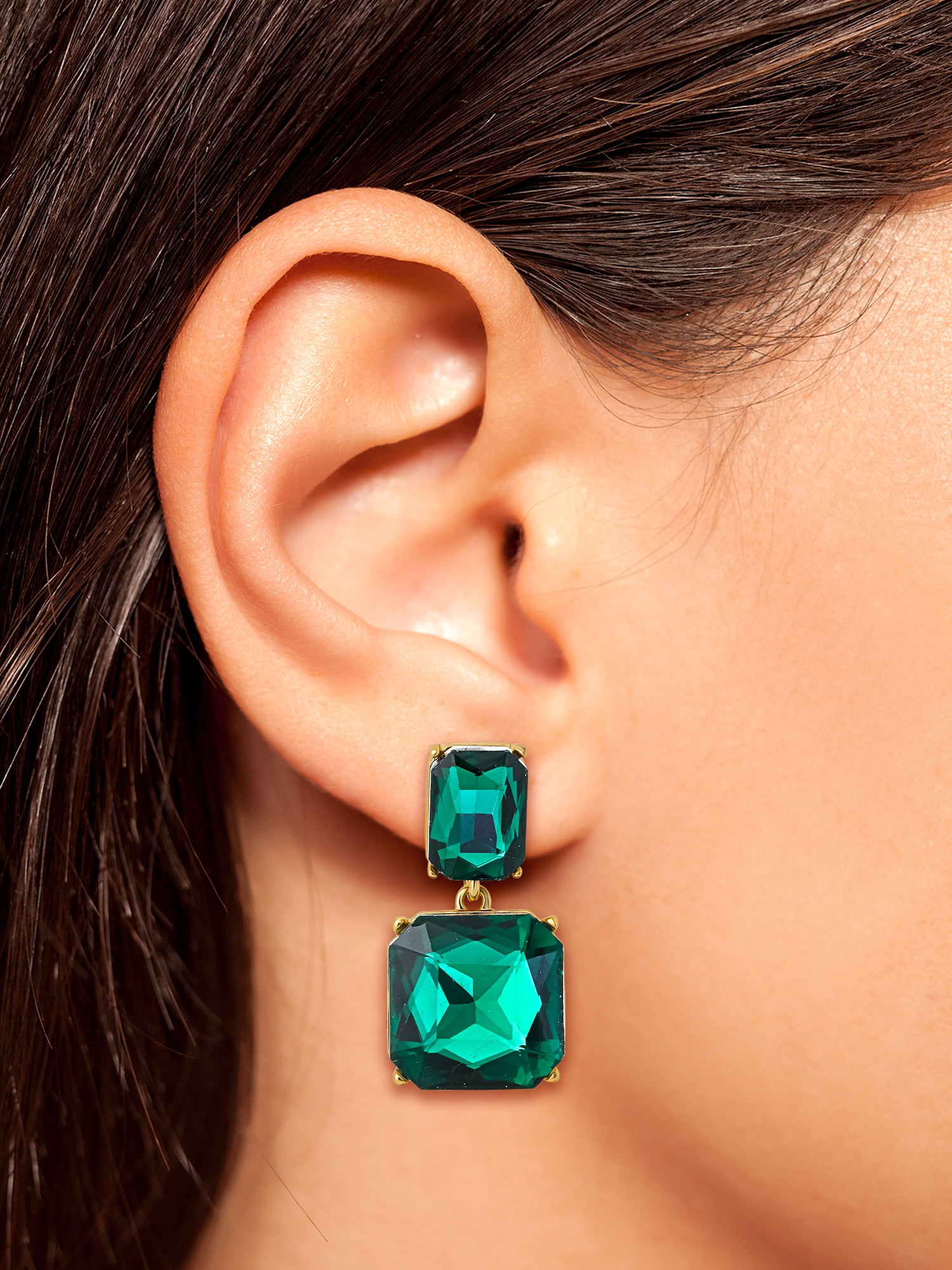 Jessica Simpson Women's Double Drop Green Stone Earrings