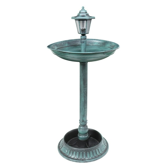 Art & Artifact Solar Lamp Post Bird Bath - Weather Resistant Outdoor Pedestal LED Lighted Birdbath, Flower Planter - Verdigris Finish