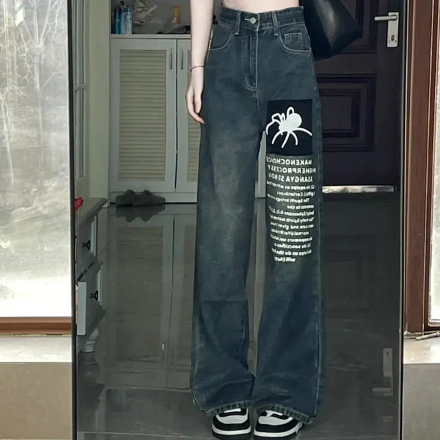 Pantalones vaqueros de pierna ancha para mujer, pantalón holgado Vintage estilo Preppy Y2k, estampado de letras, cintura alta desgastada