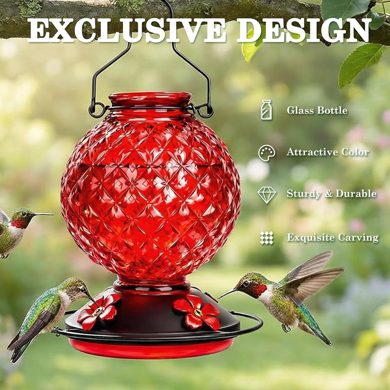 25 OZ Glass Hummingbird Feeder for Outdoors Hanging, Humming Bird Nectar Feeder with Ant Moat, 4 Bee-Proof Feeding Ports, 360° Perch, Leak-Proof, Gifts for Women Mom, Red