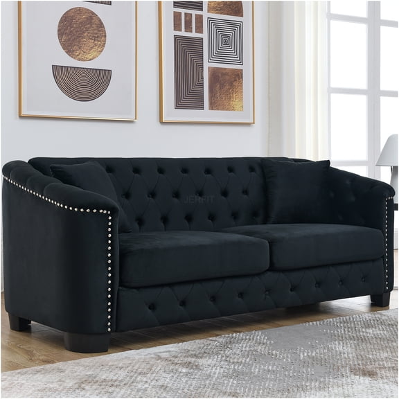 JERFIT Modern Chesterfield Sofa 77" Velvet 3-Seater with Tufted Back and Nailhead Trim for Living Room, Black