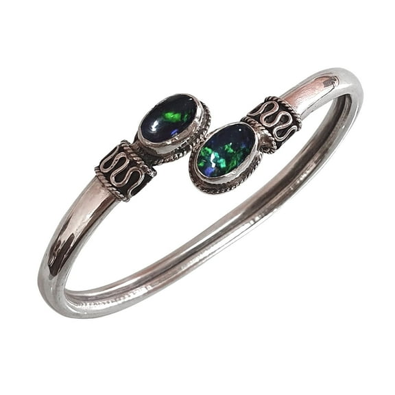 Tibetan Silver 925 Sterling Silver Black Opal Cuff Bracelet – Handmade Elegant Designer Jewelry Gift for Women