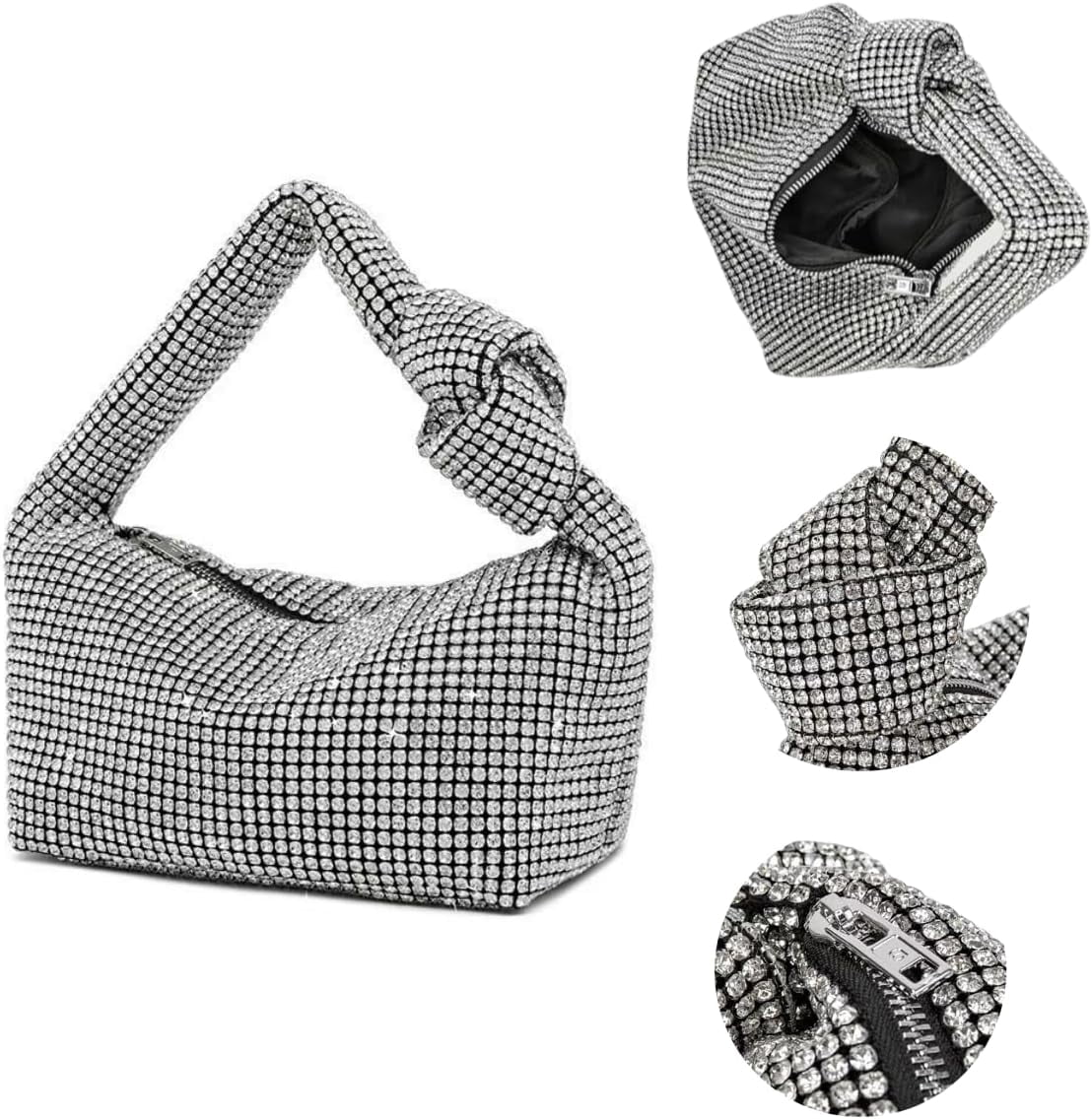 NANAHuang Bling Full Glitter Knotted Handbag for Women Crystal Rhinestone Hobo Dumpling Bag Diamond Evening Clutch Crossbody Bag