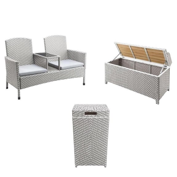 FOA Azur Outdoor Aluminum/Wicker Loveseat   Storage Bench   Trash Can 3PC Set
