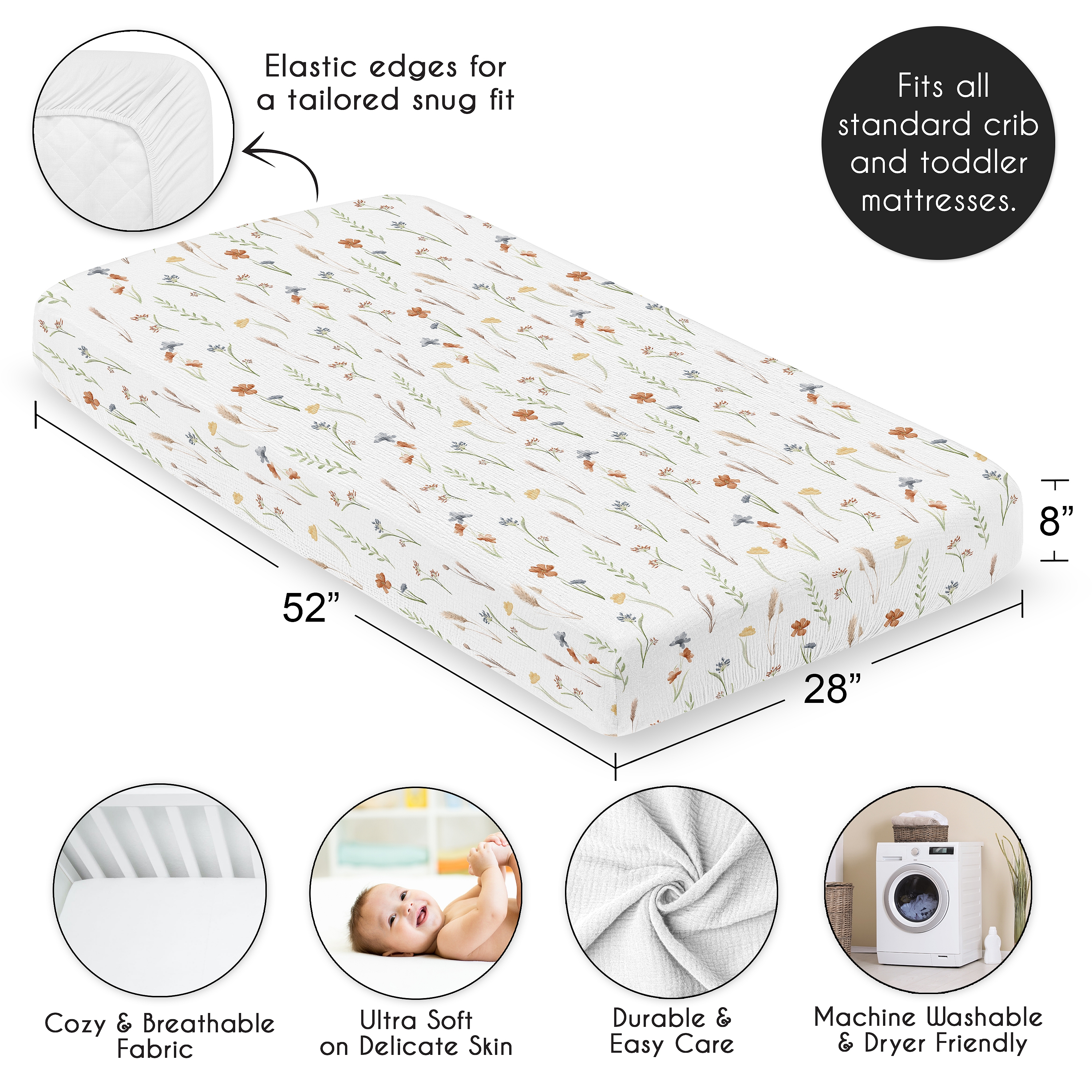 Sweet Jojo Designs Watercolor Floral Garden Sage Green Girl 100% Cotton Muslin Fitted Crib Sheet