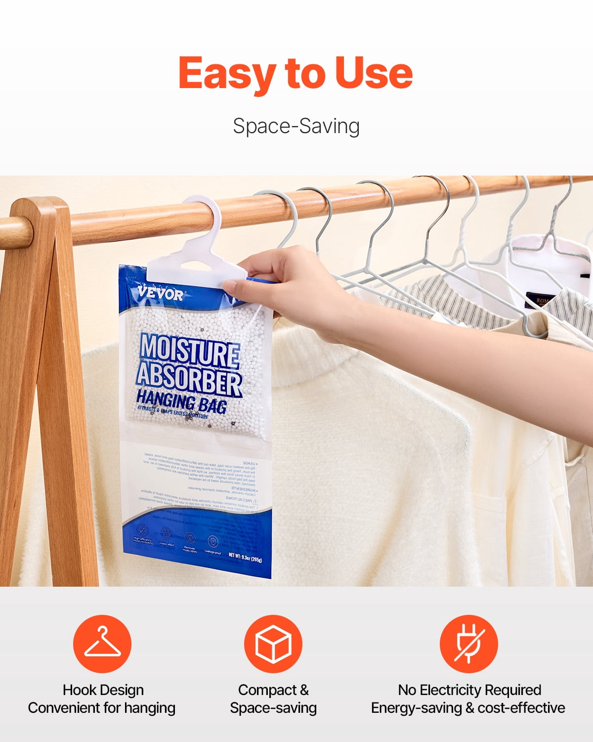 VEVOR Hanging Moisture Absorber, 9.3 oz Hanging Closet Dehumidifier Bags(10 Packs), Fragrance Free Moisture Bags in Wardrobes, Bedrooms, Bathrooms