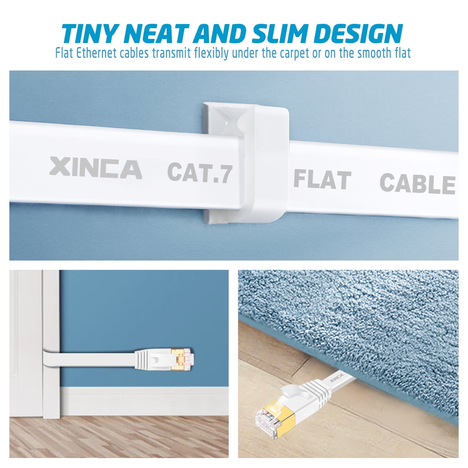 XINCA Cat7 Ethernet Cable Extra Long Lnternet Network Flat Patch Cord 100ft White With 50 Cable Clips Rj45 Connectors10 Gbps 600MHz Connector For Modems routers LAN Computers Cable High Speed Distri