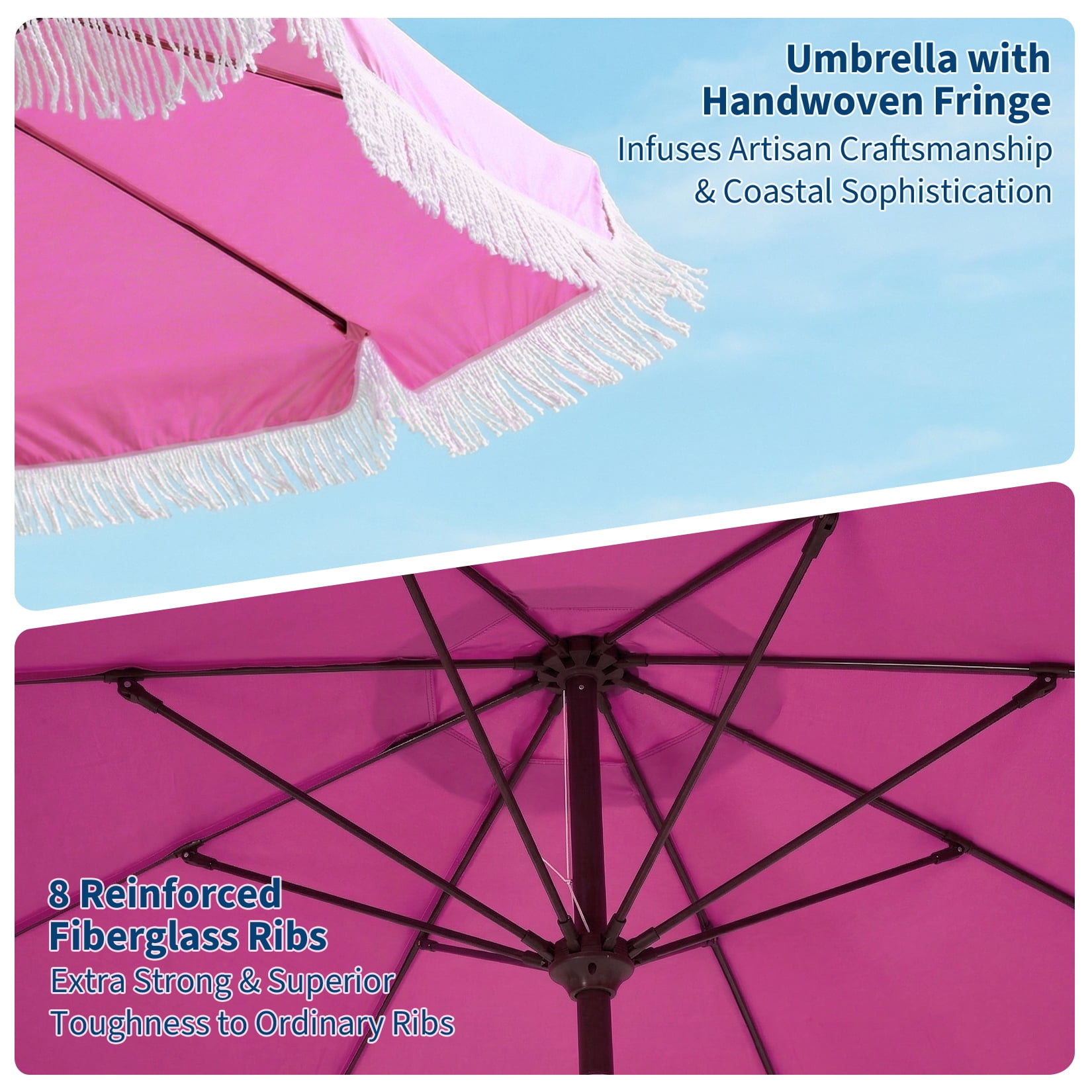 9FT Fringe Patio Umbrella with Crank Handle, Push Button Tilt, 8 Fiberglass Ribs, 1.5" D Premium Steel Pole, Outdoor Tassel Umbrella for Beach Pool