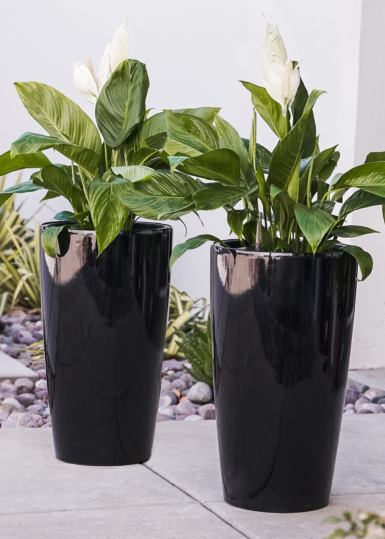 XBrand Nested Plastic Self Watering Indoor Outdoor Round Tall Planter Pot w/Glossy Finish, Set