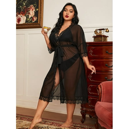 

Women s Plus Contrast Eyelash Lace Drop Shoulder Belted Mesh Robe Without Lingerie 5XL(22) Black Sexy F22001D