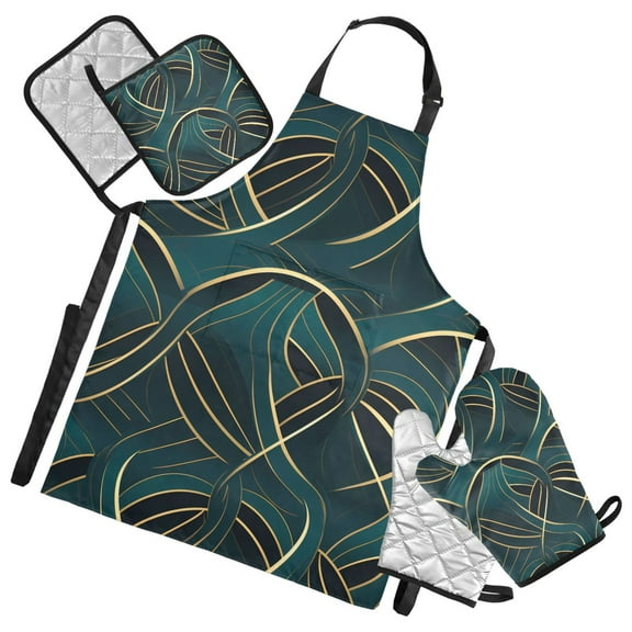 5 Pcs Kitchen Set Heat Resistant Oven Mitts and Non-Slip Pot Holders with Adjustable Cooking Apron Modern Luxury Pattern