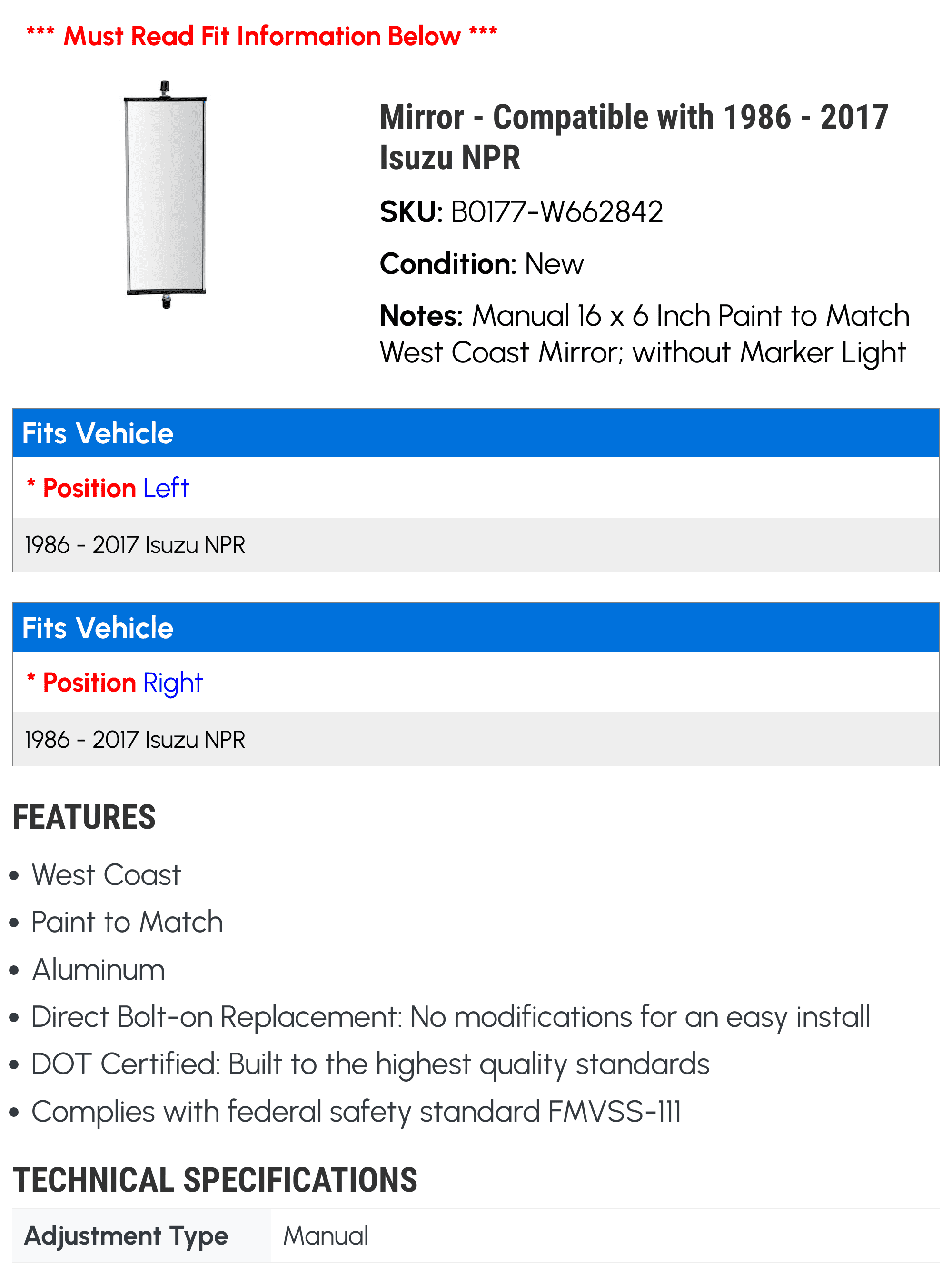 Mirror - Compatible with 1986 - 2017 Isuzu NPR 1987 1988 1989 1990 1991 1992 1993 1994 1995 1996 1997 1998 1999 2000 2001 2002 2003 2004 2005 2006 2007 2008 2009 2010 2011 2012 2013 2014 2015
