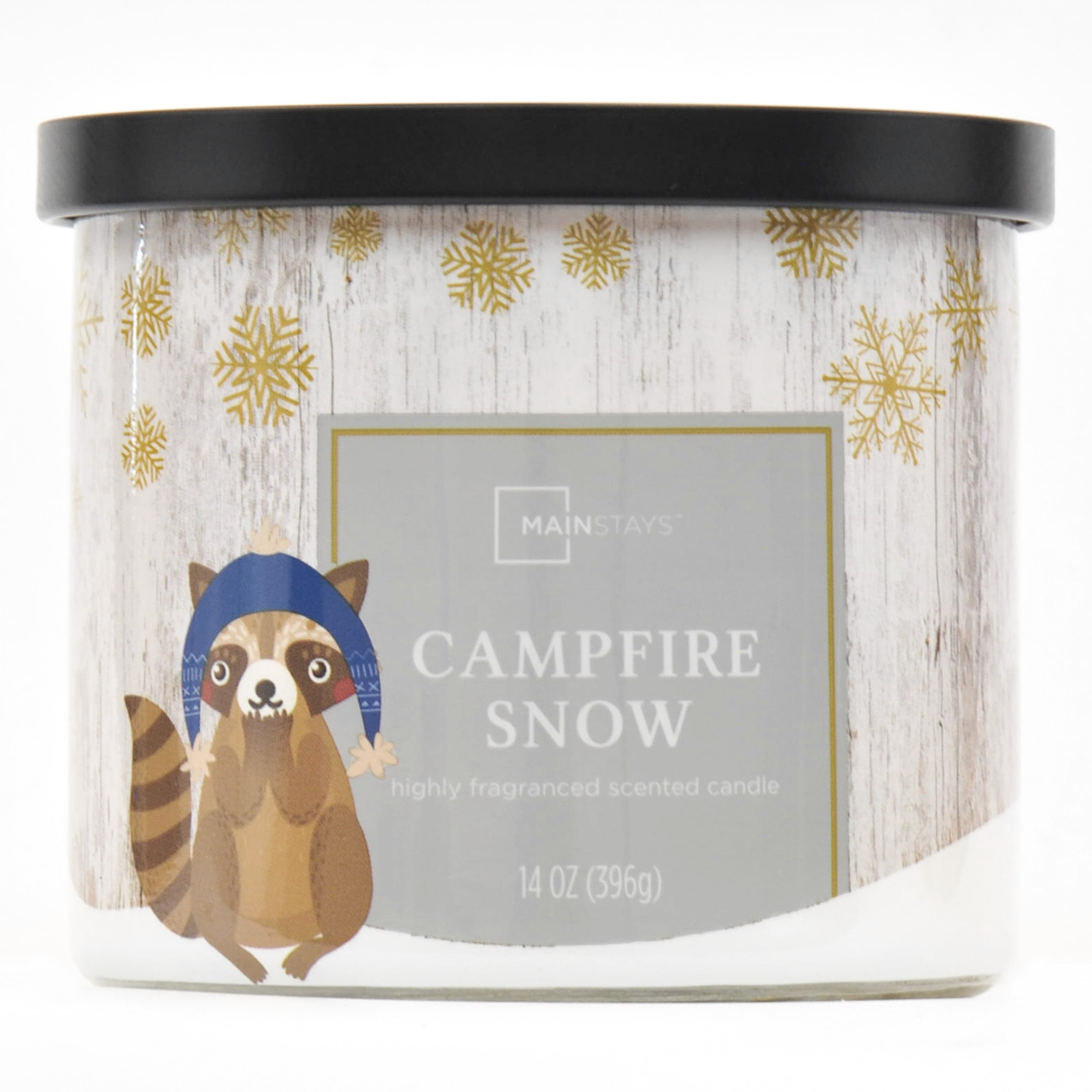 Mainstays Racoon Wrapped 3-Wicked Scented Campfire Snow candle, 14-Ounce