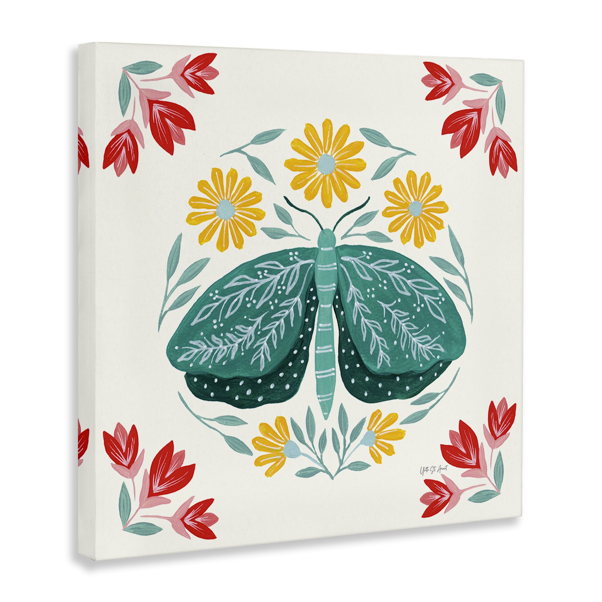 Stupell Industries Green Folk Butterfly Insects Painting Wrapped Canvas Art Print Wall Art, 30 x 30