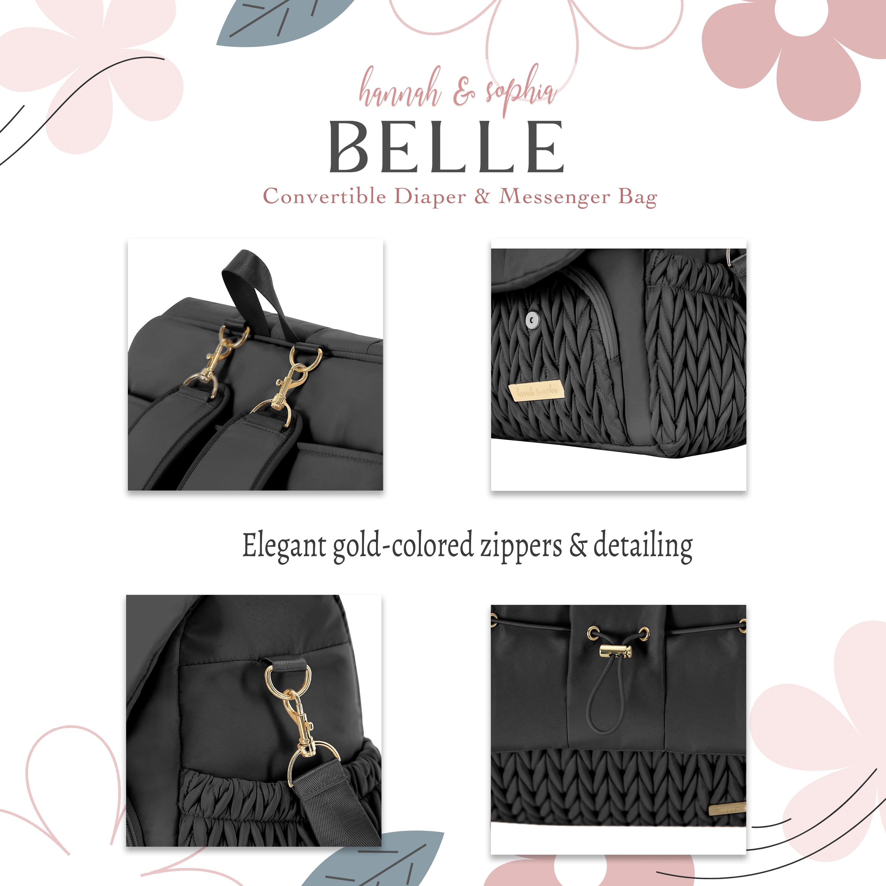 Hannah & Sophia Belle Convertible Diaper Backpack & Messenger Bag – Stylish Everyday Parent Bag, Black Orchid
