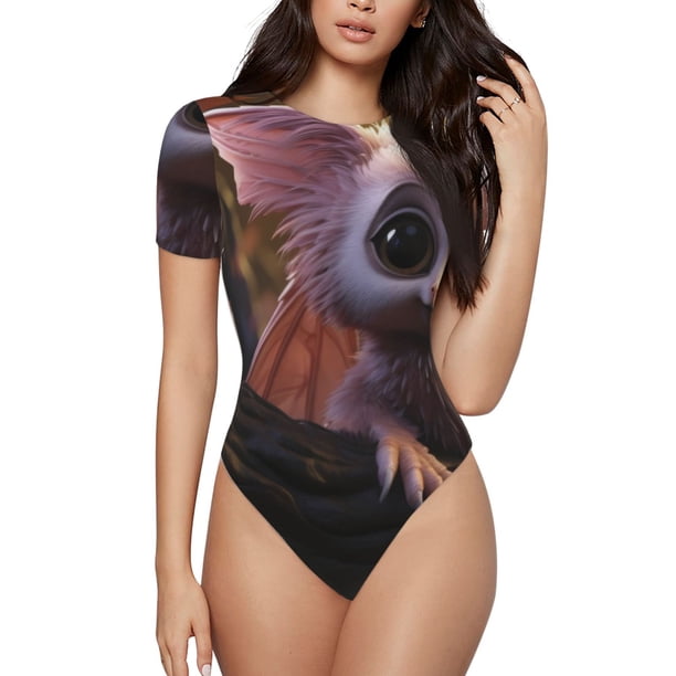 Balery Adorable Fluffy Bat Body de cuello redondo de manga corta para mujer Tops de manga corta Tops básicos-Medium