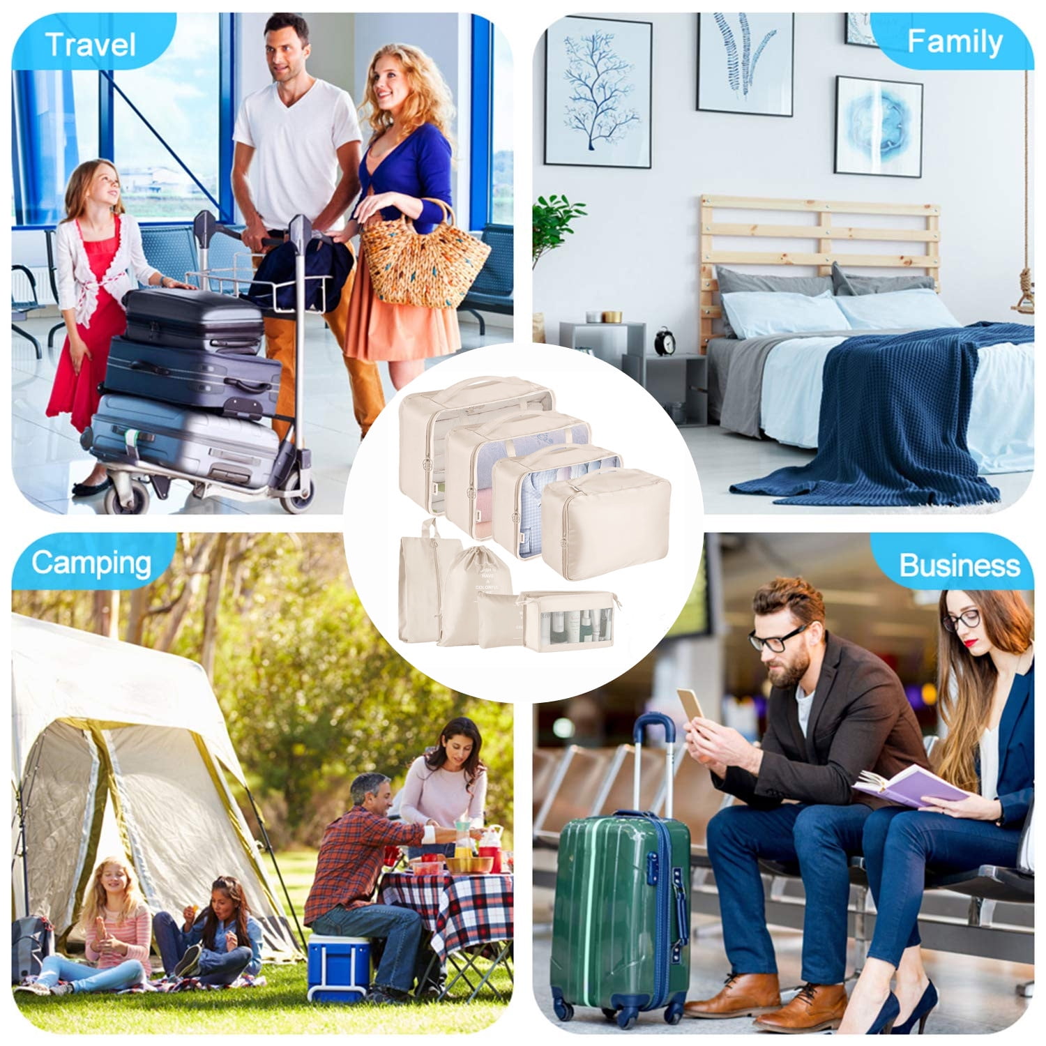 Koovon 8Pcs Travel Packing Cubes, Foldable Suitcase Organizer, Lightweight Luggage Bag, Beige  (图5)