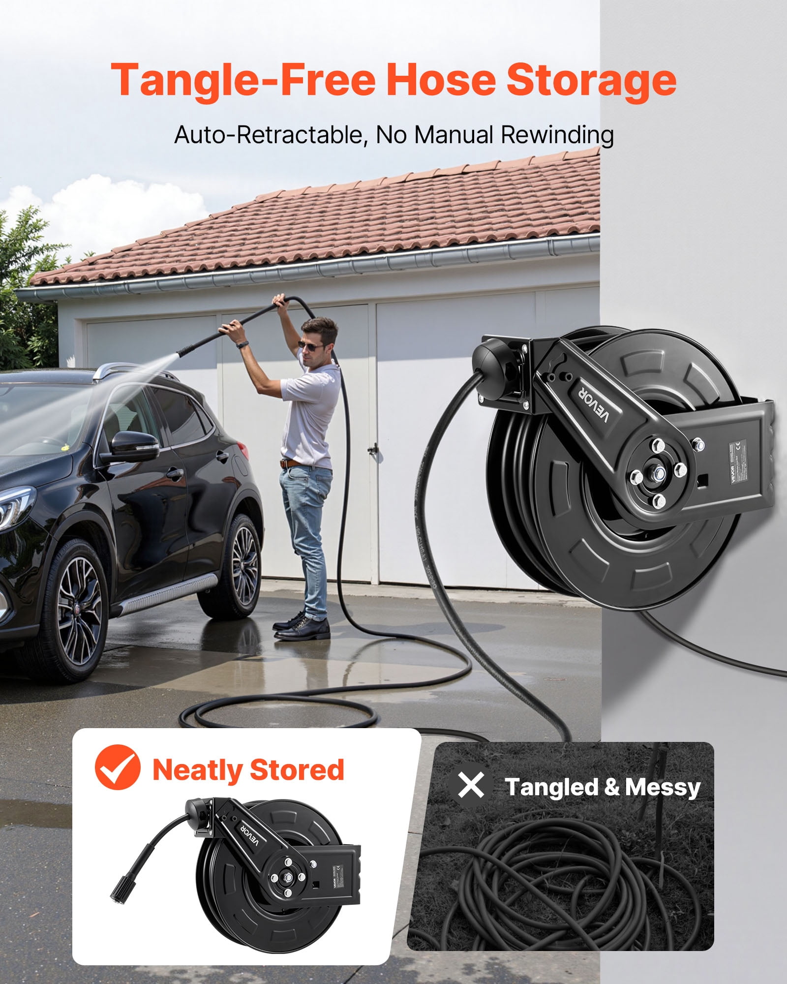 VEVOR Pressure Washer Hose Reel, 60 ft x 1/4 inch Retractable Power Heavy-Duty Steel Washer Hose Reel, 4000PSI Max, Auto-Rewinding, Flexible Wall/Floor Mounted for Car Washing,Garden,Floor Cleaning