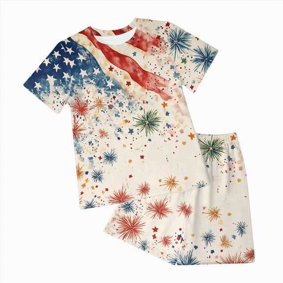 Xudanell 4th of July Toddler Boy Outfit Independence Day Printed Short Sleeve T Shirt Shorts Set for Summer Suit Beige 9-10 Years