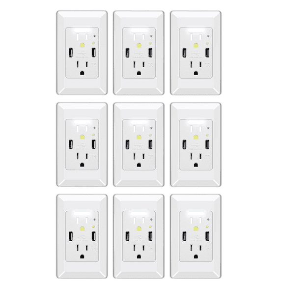 Night Light Outlet,NineLeaf 4.2A High Speed Duplex Receptacle with 2 USB Electrical ,Auto Nightlight Sensor and Wall Plates for Home Office Dorm Room,White,9 Pack