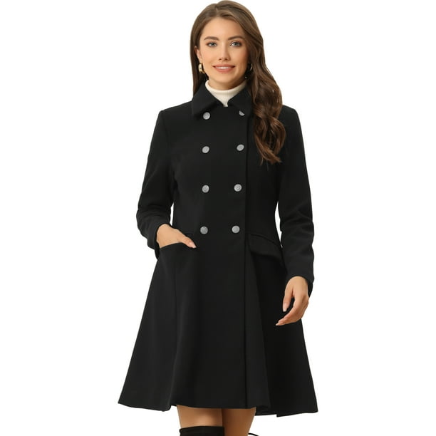 Abrigo de invierno para mujer Abrigo de guisante con cuello en contraste de terciopelo con botones de un solo pecho Negro S
