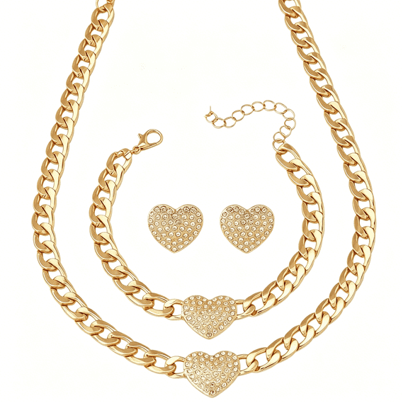 DESIGNICE Gold Tone Cuban Link Chain Heart Jewelry Set for Women-Crystal Paved Heart Pendant Necklace,Bracelet&Stud Earrings-Fashion Statement Layered Jewelry for Party,Gift