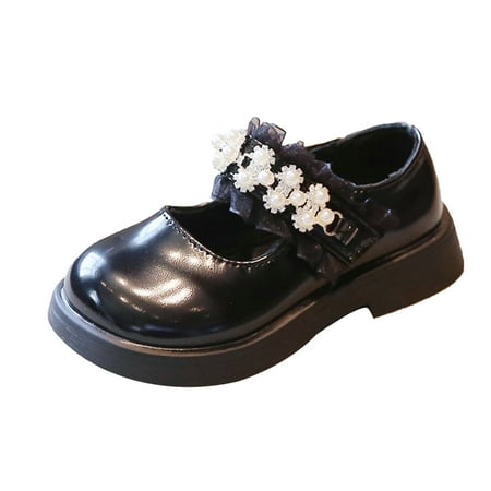 JAHH Comfortable Clearance Gowns Shoes for Toddler Fashion Spring and Summer Children Casual Shoe Girls Leather Dress Shoes Thick Soles Lightweight Pearl Lace Hook Loop(7-8 Years Black)