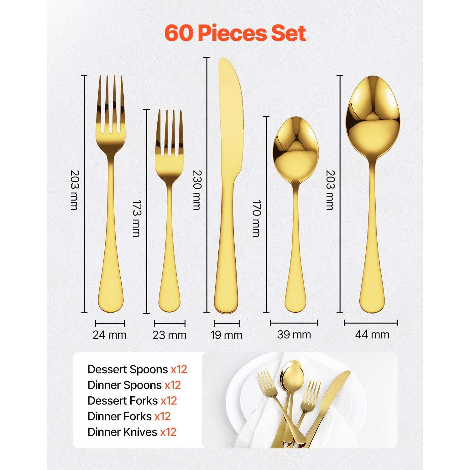 60-Piece Flatware Set, 18/0 Stainless Steel, Includes 12 Each of Dinner Forks, Dinner Spoons, Dinner Knives, Dessert Forks & Dessert Spoons, Dishwasher Safe, Modern Design